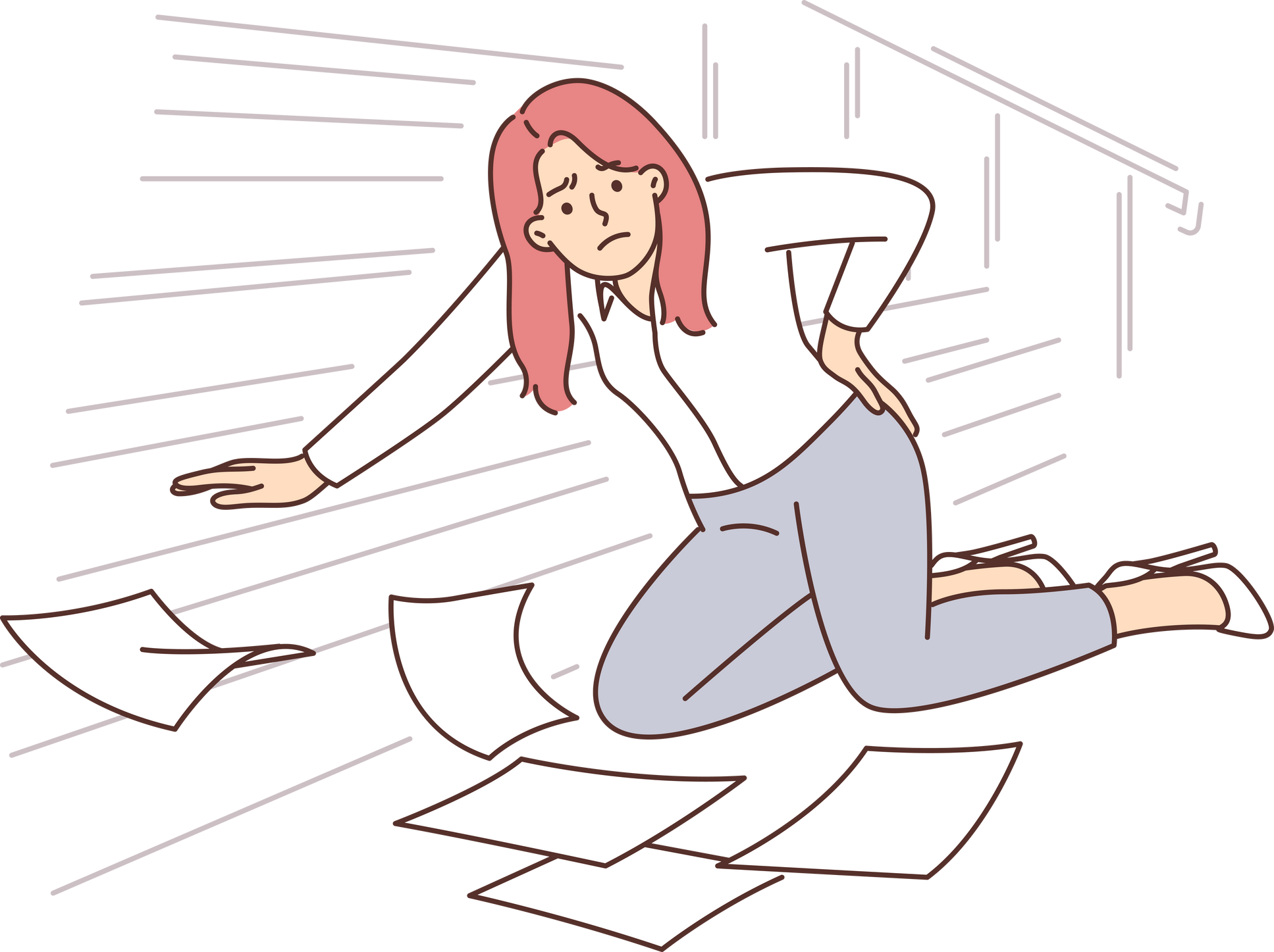 Woman office worker fell down stairs and injured back dropping papers and documents on floor.